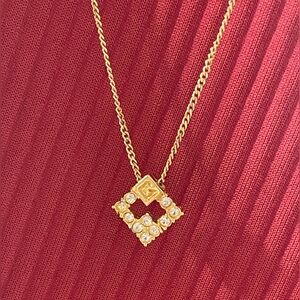 Givenchy Gold/Rhinestone Vintage G logo Square pendant Necklace